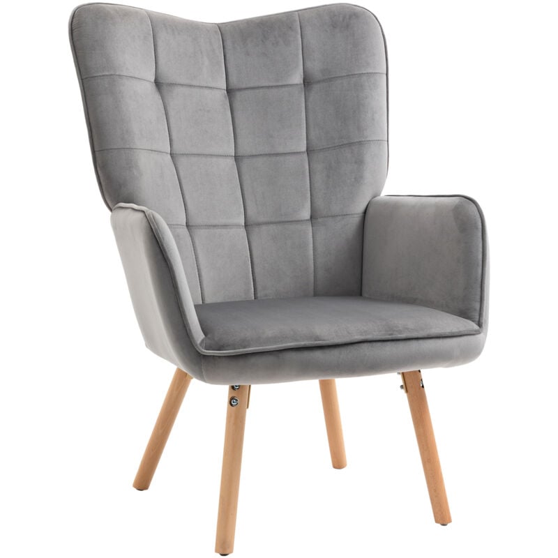 HOMCOM Modern Accent Chair Velvet-Touch Tufted Wing Back Armchair Grey