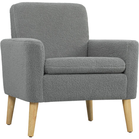HOMCOM Modern Accent Chair with Wood Legs, Wide Seat, Teddy Armchair, Grey