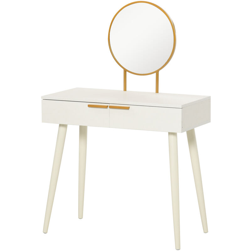 HOMCOM Modern Dressing Table with Round Mirror, Makeup Vanity Table with 2 Drawers for Bedroom, Living Room, White