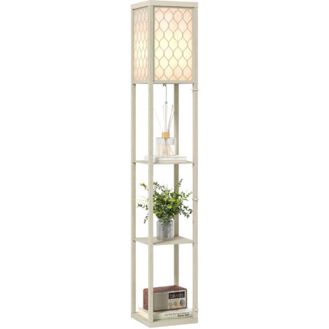 HOMCOM Modern Floor Lamp Light with 3 Shelves Fabric Lampshade Oak
