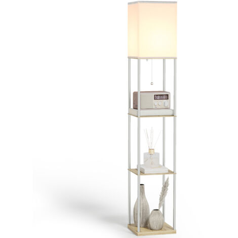 HOMCOM Modern Floor Lamp with Shelves and Fabric Lampshade for Living Room