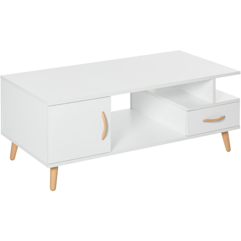 Homcom - Modern Minimalism Coffee Table with Storage, Sofa Side Table with Shelf & Drawer for Living Room Reception Room, White