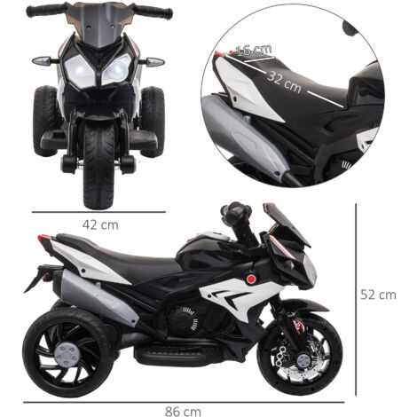 HOMCOM Moto Eléctrica Infantil con 3 Ruedas Trimoto para Niños de +3 Años con Batería 6V Recargable Funciones de Música Bocina Faros 86x42x52 cm Negro y Blanco