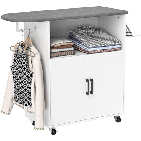 HOMCOM mueble de plancha con ruedas mueble de planchado con barra para colgar ropa estante abierto y tabla de planchar 125x43,5x102,5 cm blanco