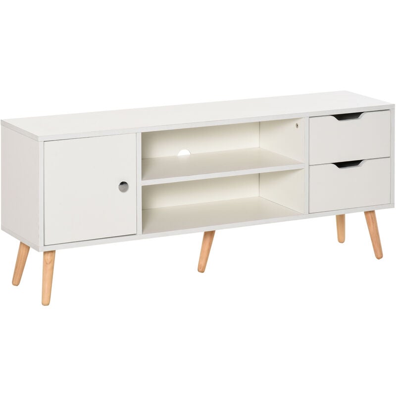 

Mueble de TV 120x28x44cm con Armario Estantes Abiertos Cajones Carga 30kg Blanco - Blanco