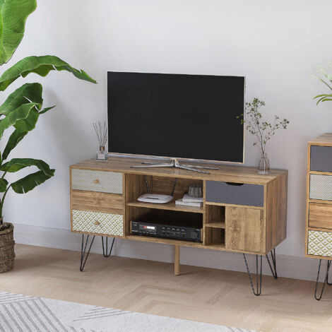 HOMCOM Mueble de TV Estilo Boho con Estantes 4 Cajones y Patas de Metal Mesa para TV de hasta 50'' 120x39x64 cm Marrón