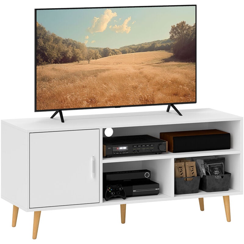 

Mueble de TV para Televisores de 60 Pulgadas Mesa de Salón Comedor Moderna con Armario 3 Compartimentos y 5 Patas de Madera 120x40x55 cm Blanco