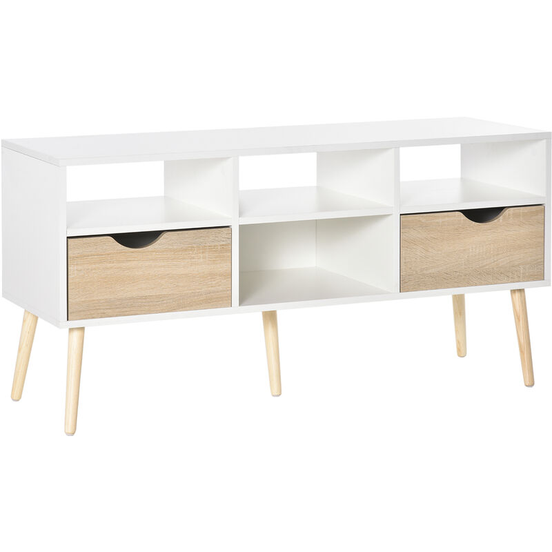 

Mueble de TV Mesa de Salón Comedor Moderna con 2 Cajones y 4 Compartimentos Patas de Madera Dispositivo Anti-vuelco 117x39x57 cm Blanco y Madera