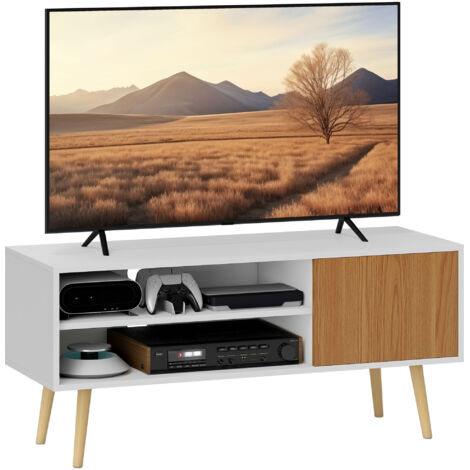 HOMCOM mueble de TV moderno con 2 compartimentos abiertos 1 puerta y orificio para cables para televisión de 55 pulgadas 110x40x50 cm blanco y natural