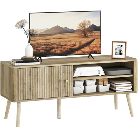 HOMCOM mueble de tv, mueble para televisión hasta 55 pulgadas, con puerta, estante ajustable, compartimentos abiertos y orificio para cables, roble