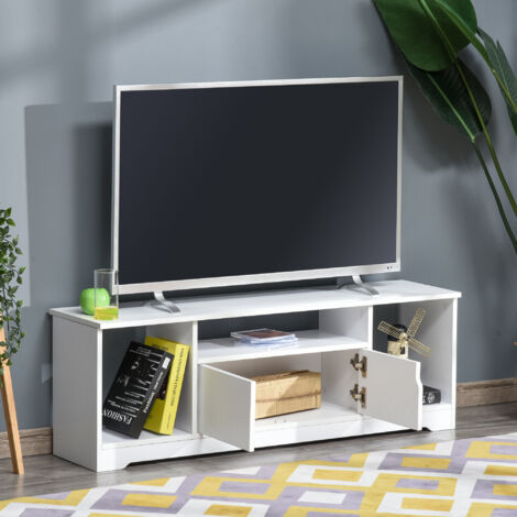 HOMCOM Mueble de TV para Televisor de hasta 42" Mesa para TV de Salón Moderna con Armario de Doble Puerta y 3 Compartimentos Abiertos 120x30x41cm Blanco