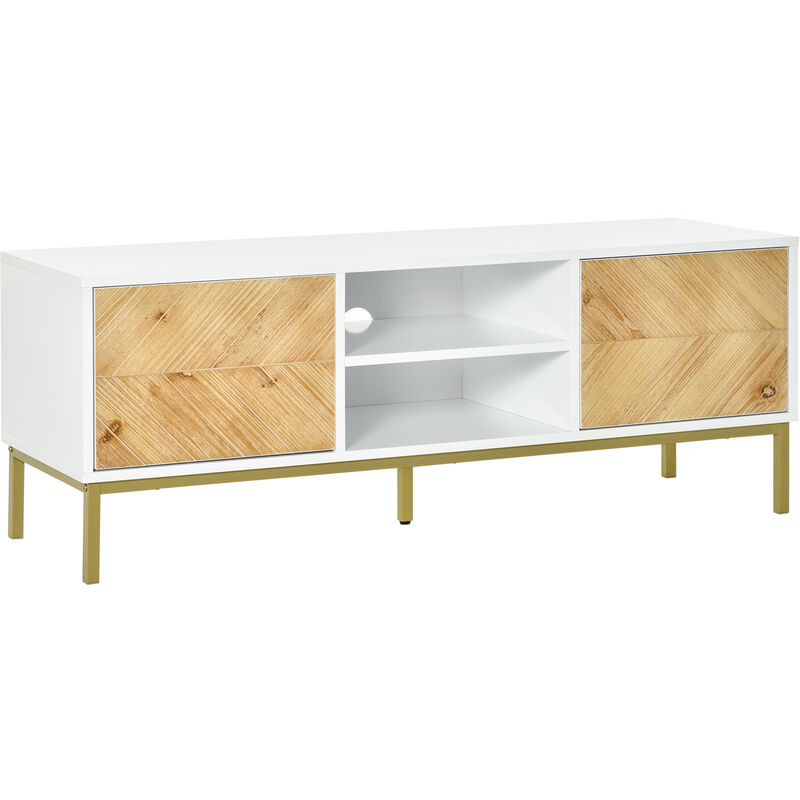 

Mueble de TV para Televisor de hasta 60 Pulgadas con Estantes y Armarios - Blanco, Madera Natural, Dorado