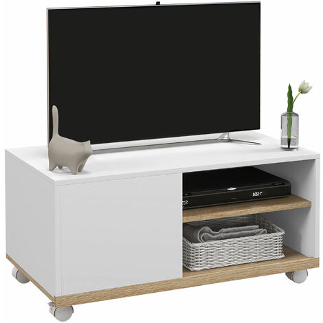 " HOMCOM mueble TV de salón moderno con ruedas mesa para televisores de 42"" módulo TV con 1 puerta y 2 estantes de almacenamiento 80x45x41 cm blanco"