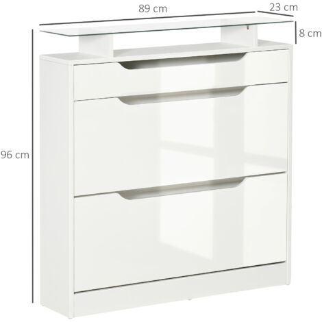 HOMCOM Mueble Zapatero de 2 Puertas Zapatero Estrecho para 16 Pares de Zapatos con Cajón Estante Abierto y Encimera de Vidrio para Pasillo Entrada 89x23x96 cm Blanco