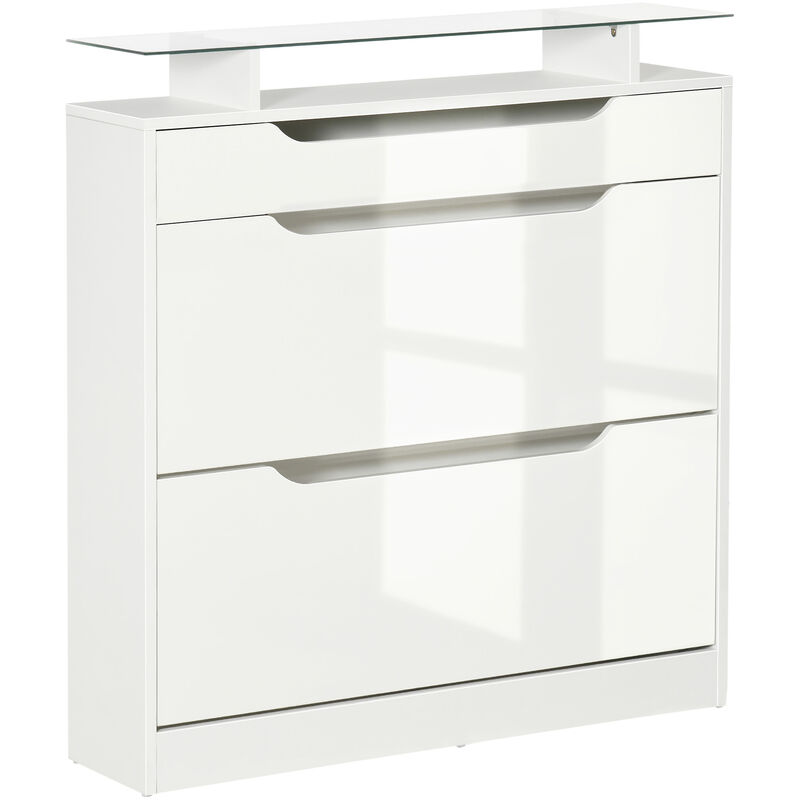 

Mueble Zapatero de 2 Puertas Zapatero Estrecho para 16 Pares de Zapatos con Cajón Estante y Encimera de Vidrio para Pasillo Entrada 89x23x96 cm