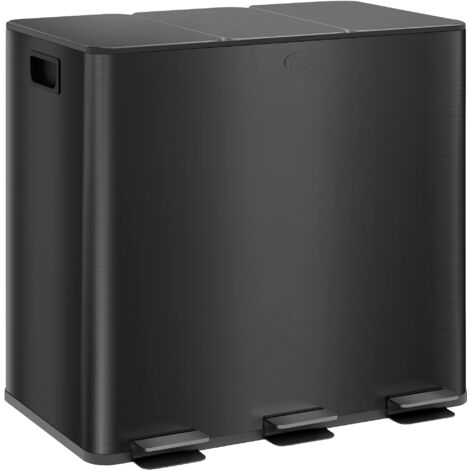 HOMCOM Mülleimer Küche 3 x 15 L Treteimer mit Softclose-Deckel und Pedal Mülltrennsystem 3 Fächer inkl. Inneneimer Abfalleimer Abfallsammler, Edelstahl, Schwarz, 61,9 x 36,6 x 43,2 cm