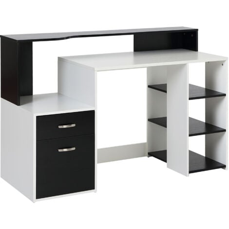 HOMCOM Multi-Storage & Workstation Desk Table Storage Shelves Home Office Black and White