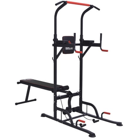 HOMCOM Multifunction Home Workout Station Tower Steel Frame w/ Bench Bars Ropes