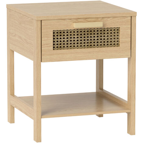 HOMCOM Nachttisch Beistelltisch mit Schublade, Ablage, Nachtschrank mit Rattan-Design Sofatisch für Schlafzimmer, Wohnzimmer, Natur 40 x 40 x 48,4 cm