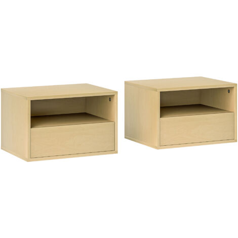 HOMCOM Nachttisch hängend 2er Set, schwebender Nachtschrank mit Schublade, offenes Fach, Wandregal, Nachtkommode für Schlafzimmer, Wohnzimmer, Naturholz, 45 x 35 x 27,5 cm