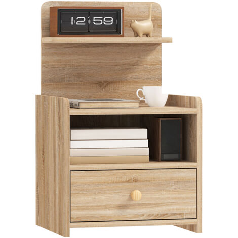 HOMCOM Nachttisch mit Schublade, Beistelltisch, Nachtschrank mit offenen Ablage, Fach, Nachtkommode für Schlafzimmer, Wohnzimmer, 40 x 35 x 66 cm, Naturholz