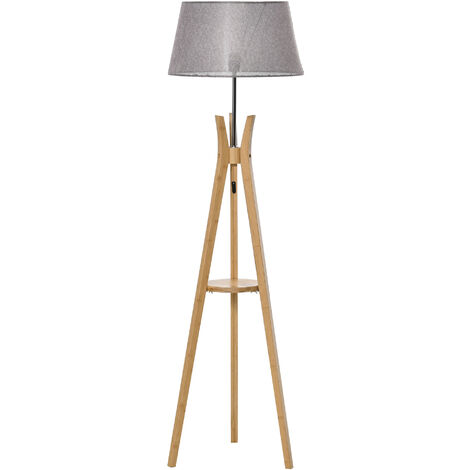 main image of "HOMCOM Natural Wood Tripod Floor Lamp Light E27 Base Bedroom Living Room Fabric Shade Storage Shelf Foot Switch, Grey"
