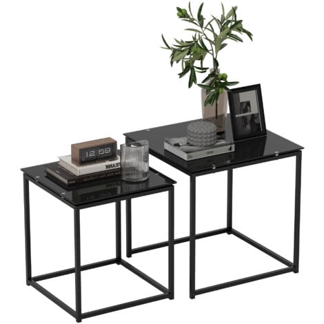 HOMCOM Nest of 2 Side Tables Set of Bedside Tables for Living Room Black