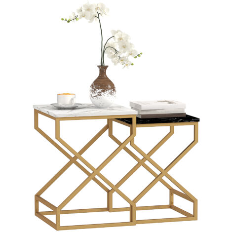 HOMCOM Nest Of Tables, Coffee Table Set with Steel Frame Black/White