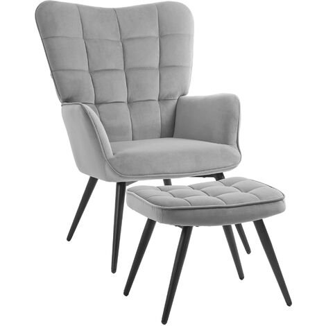 HOMCOM Ohrensessel mit Hocker Sessel Loungesessel mit Samtoptik, Modern Relaxsessel, Fernsehsessel, Polstersessel für Wohnzimmer, Schlafzimmer, Hellgrau