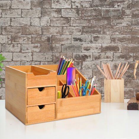 HOMCOM Organizador de Escritorio de Bambú Organizador de Mesa con 2 Cajones 6 Compartimentos y Estante para Oficina Hogar 33x20,5x15,5 cm Natural
