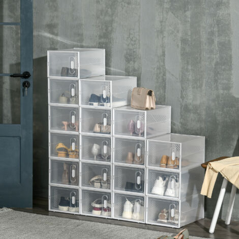 HOMCOM Organizador de Zapatos Modular Estantería Modulable con 18 Cubos Puertas Magnéticas 25x35x19 cm Transparente