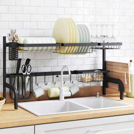 HOMCOM Over The Sink Dish Drying Rack, 2 Tier Adjustable Dish Drainer Black