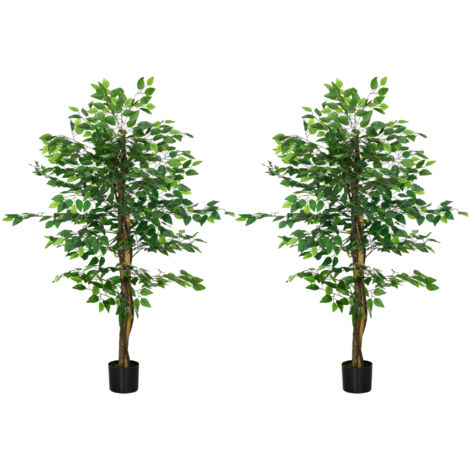 HOMCOM pack 2 ficus artificiales con troncos naturales 150 cm plantas artificiales con maceta y 882 hojas verde