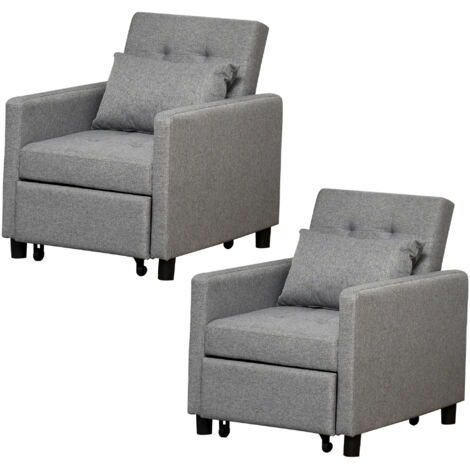 HOMCOM pack 2 sofás cama individual sillón cama con 4 ruedas respaldo reclinable almohada y asiento acolchado carga 100 kg 69x77x84 cm gris