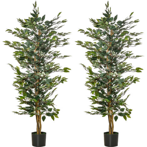 HOMCOM pack de 2 ficus artificiales 150 cm plantas artificiales con macetas y 1008 hojas realistas para decoración del hogar salón Ø17x150 cm verde