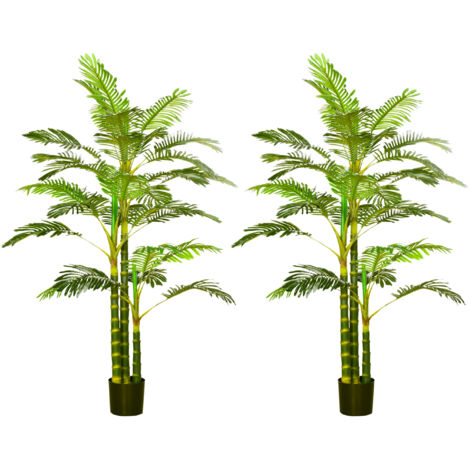 HOMCOM pack de 2 palmeras arecas artificiales 190 cm plantas artificiales con maceta y 30 hojas decoración para interior salón oficina verde