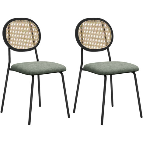 HOMCOM pack de 2 sillas de comedor sillas de cocina con respaldo de ratán sintético y marco de acero para salón 44x54x87 cm verde oscuro y negro