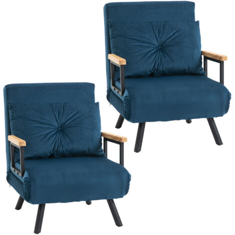 HOMCOM pack de 2 sofás cama de 1 plaza tapizados en terciopelo con respaldo ajustable de 5 niveles y almohadas acolchadas 63x73x81 cm azul