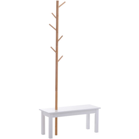 Homcom Panca con Appendiabiti in Bambù, Colore Bianco e Legno, 80x30x180cm