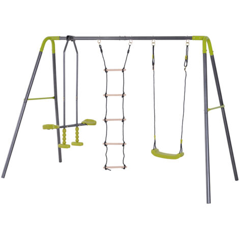Homcom Parco Giochi per Bambini con Altalena Cavalluccio e Scaletta Struttura in Metallo Resistente, Verde