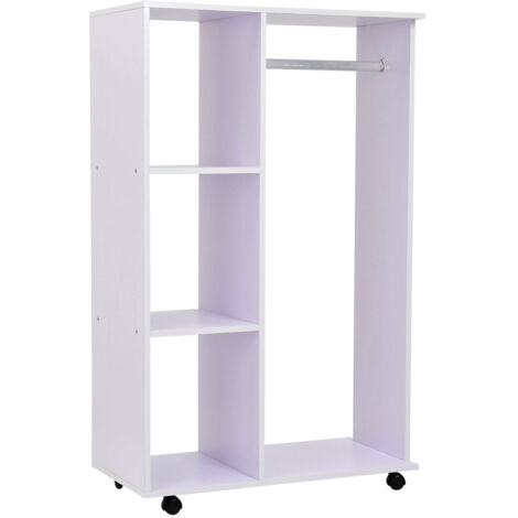 Homcom – Penderie mobile sur roulettes 60x40x128 cm – 3 étagères latérales – Panneaux de particules blanc pour rangement vêtements