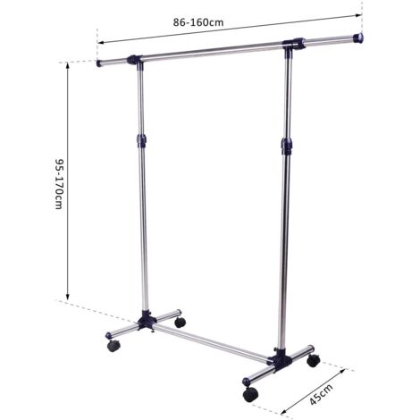 HOMCOM Perchero Acero Inox Colgador Ropa 4 Ruedas Alto y Largo Regulables 95x45x170cm