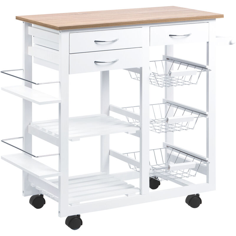 

Carrito de Cocina con Cajones Cestas Estantes Toallero Ruedas 92x37x82 cm Blanco - Blanco y Grano de Madera