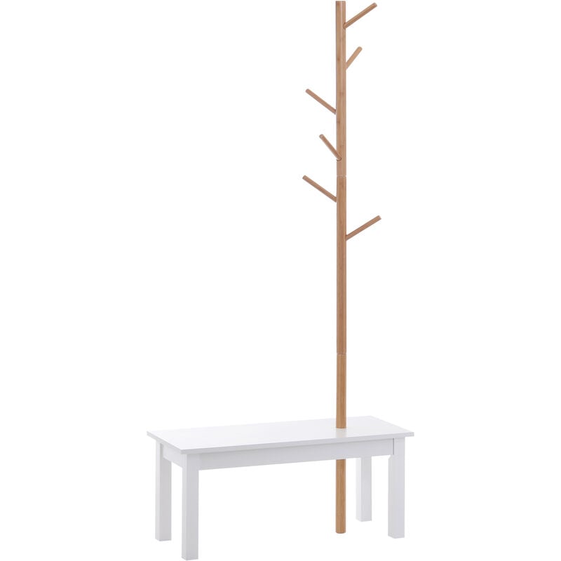 Homcom - Perchero de Pie con Banco Colgador Tipo Árbol 6 Ganchos Bambú 80x30x180cm