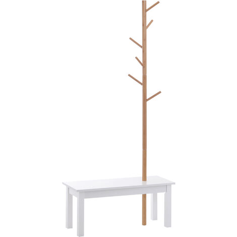 HOMCOM Perchero de Pie con Banco Colgador Tipo Árbol Moderno 6 Ganchos para Colgar Ropa Bolsa Pasillo Entrada Bambú y MDF 80x30x180cm