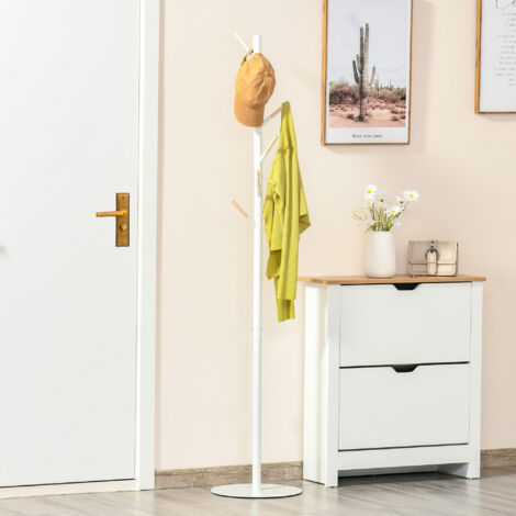 HOMCOM Perchero de Pie de Madera con 6 Ganchos para Ropas Bolsos para Salón Entrada Dormitorio 35x35x174 cm Blanco