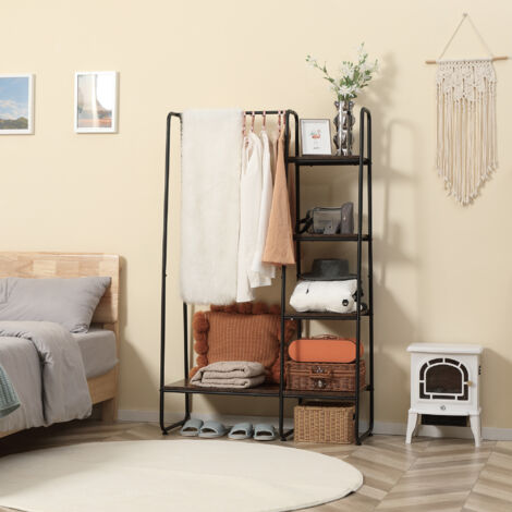 HOMCOM Perchero de Ropa de Madera con 4 Estantes y Barra para Colgar para Dormitorio Salón 101x39x160 cm Marrón Rústico