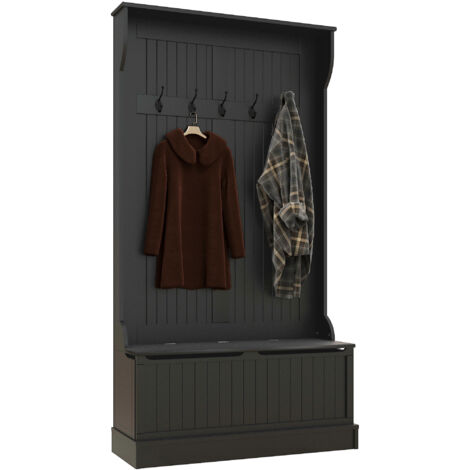 HOMCOM perchero zapatero, perchero entrada recibidor con banco de almacenamiento y 5 ganchos, estilo moderno 96x34x179,7 cm, negro