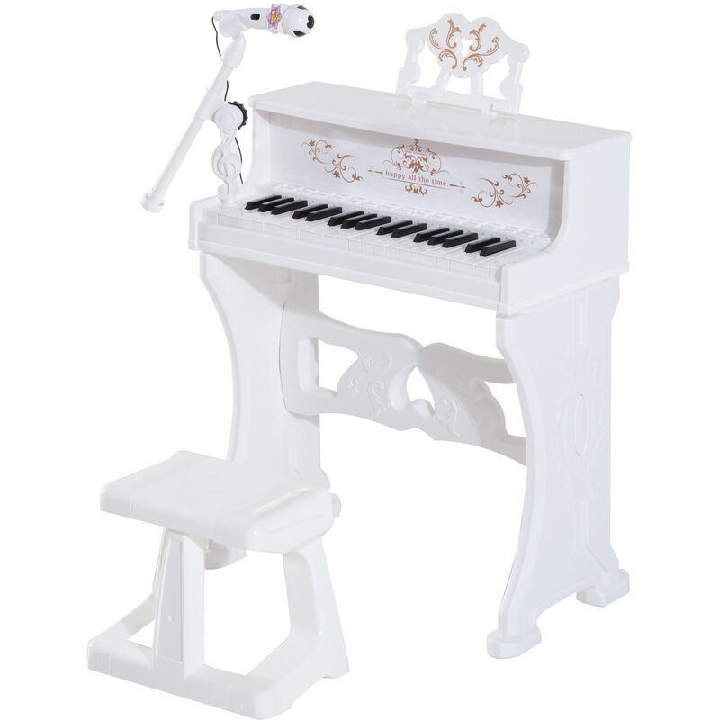 

Piano Electrónico Infantil de 37 Teclas Juego de Piano con Micrófono Taburete Luces y 22 Canciones USB/MP3/Bluetooth Karaoke 53,5x27x63 cm - Blanco