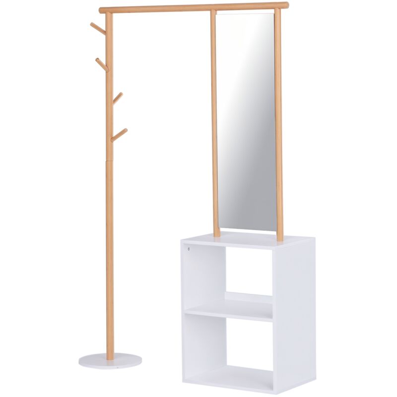 HOMCOM Porte-manteaux meuble d'entrée vestiaire penderie avec miroir 4 patères 2 niches dim. 100L x 34l x 164H cm MDF blanc bois massif bambou-Blanc